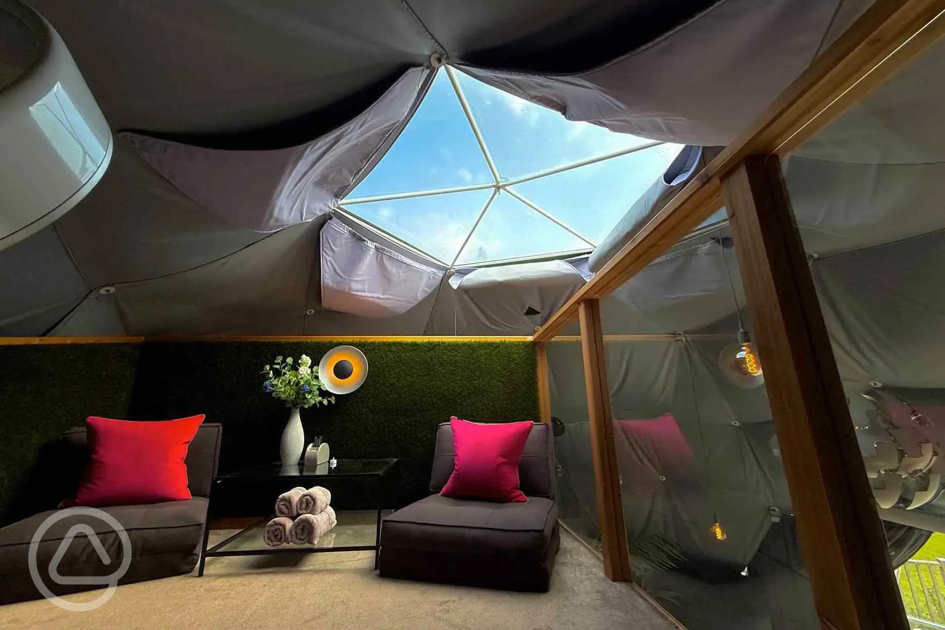Sunridge Geodome with hot tub sofa chair beds