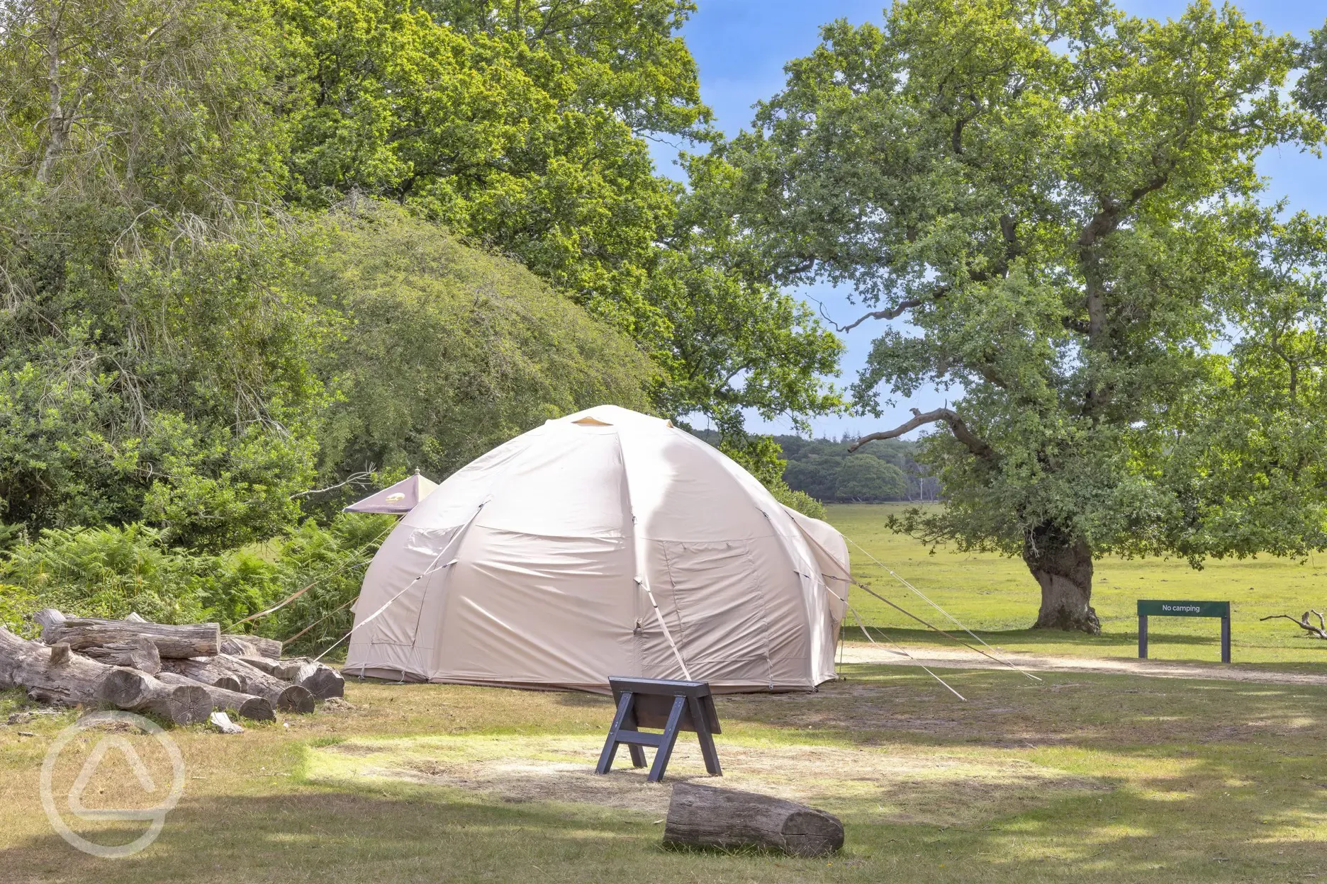 Bell tent, includes a coal BBQ with utensils and cutlery, bench and cool box