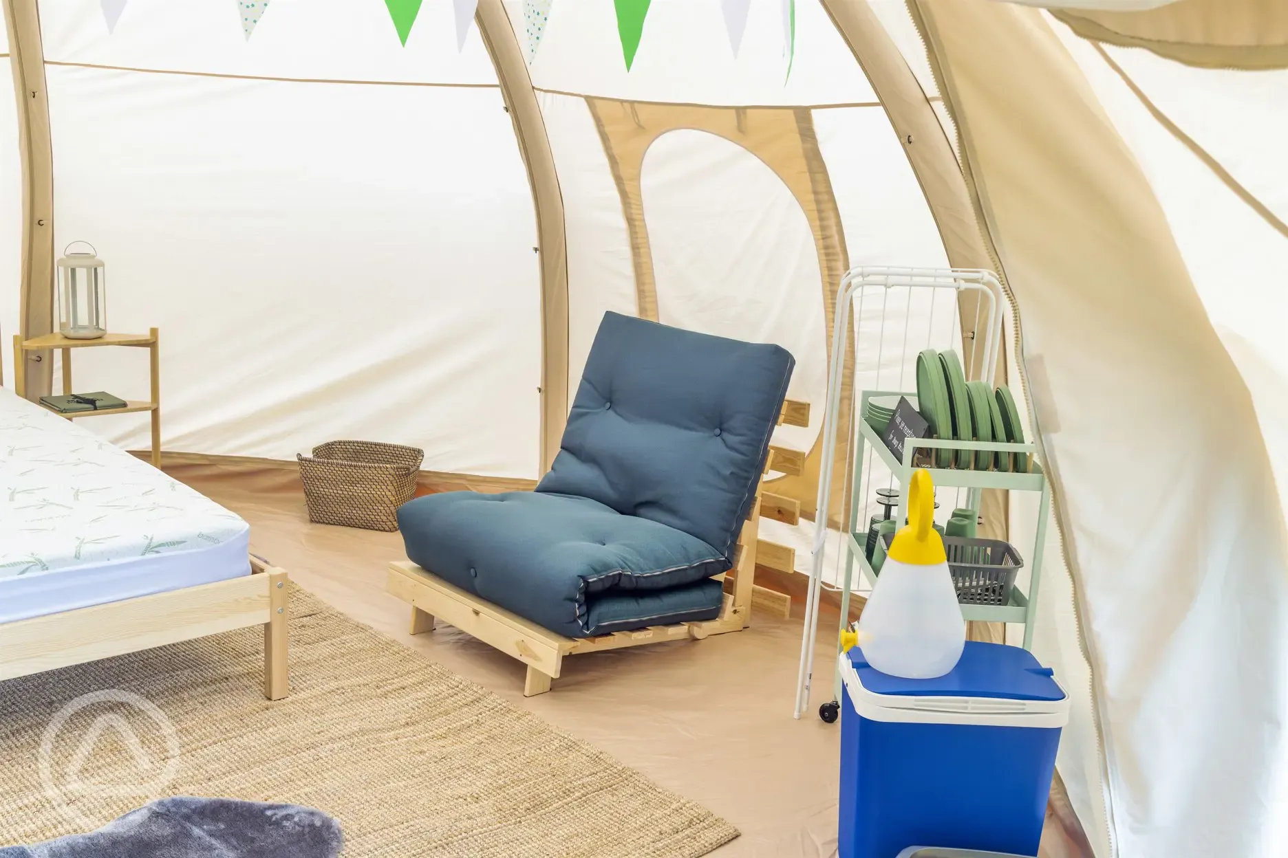 Bell tent interior with utensils and cutlery, please bring own cooking equipment