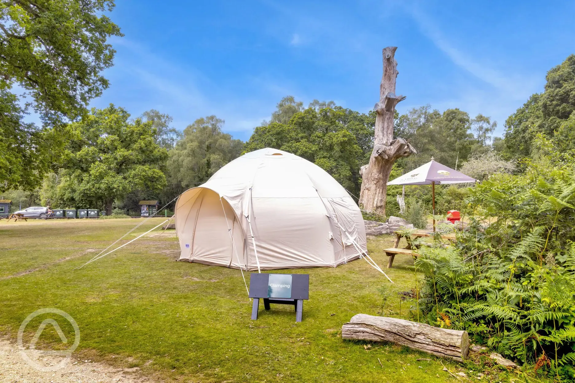 Bell tent exterior, sleeping four. Please bring your own bedding.