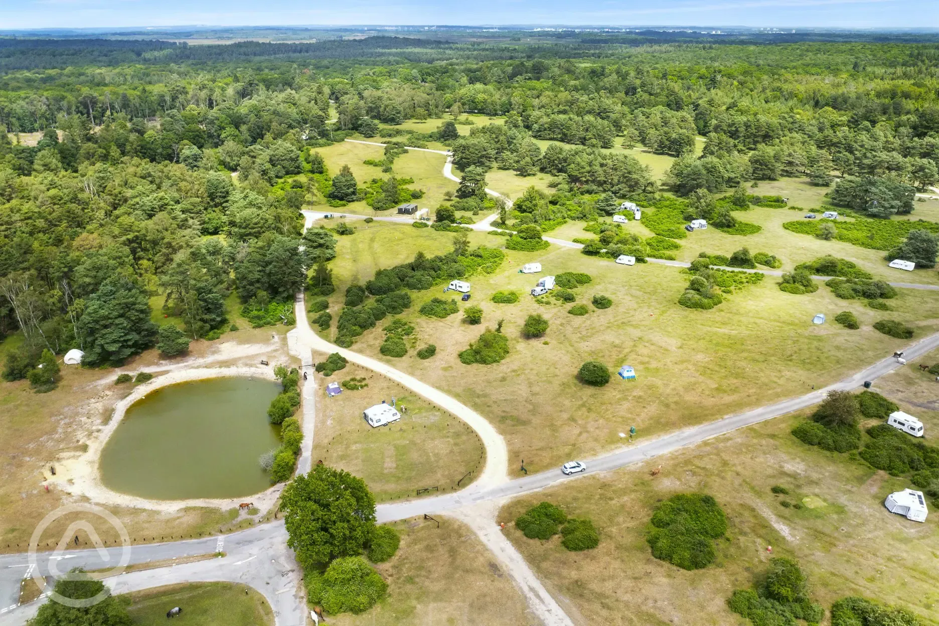 Aerial of Roundhill Campsite and the New Forest National Park