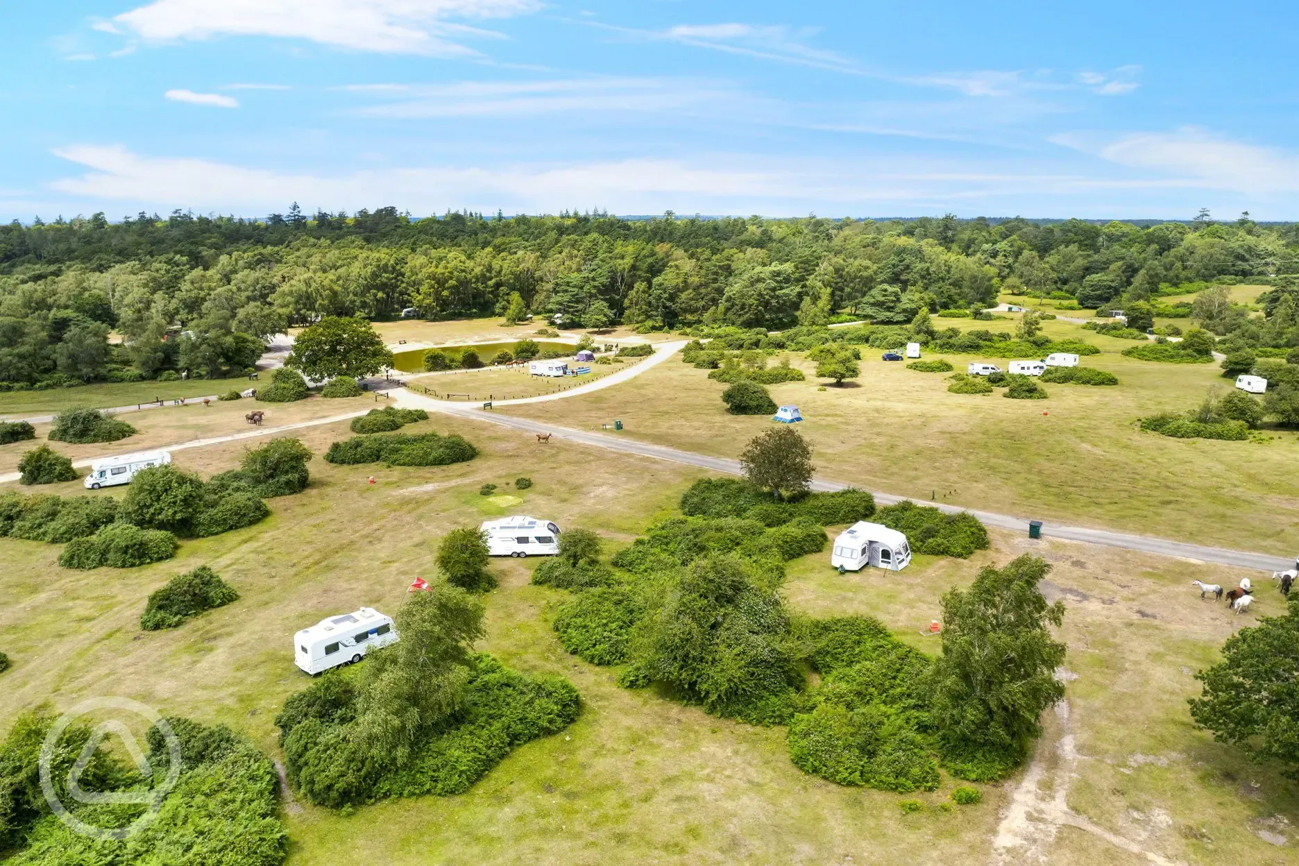 Aerial shot of Roundhill Campsite with unmarked non electric pitches