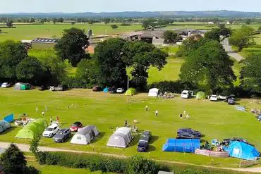 Aerial view of the camping pitches and camping pods at Pitch and Canvas