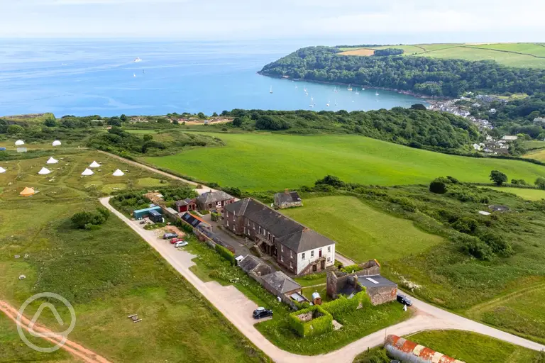 Aerial of the Maker Camping overlooking Cornwall's coast