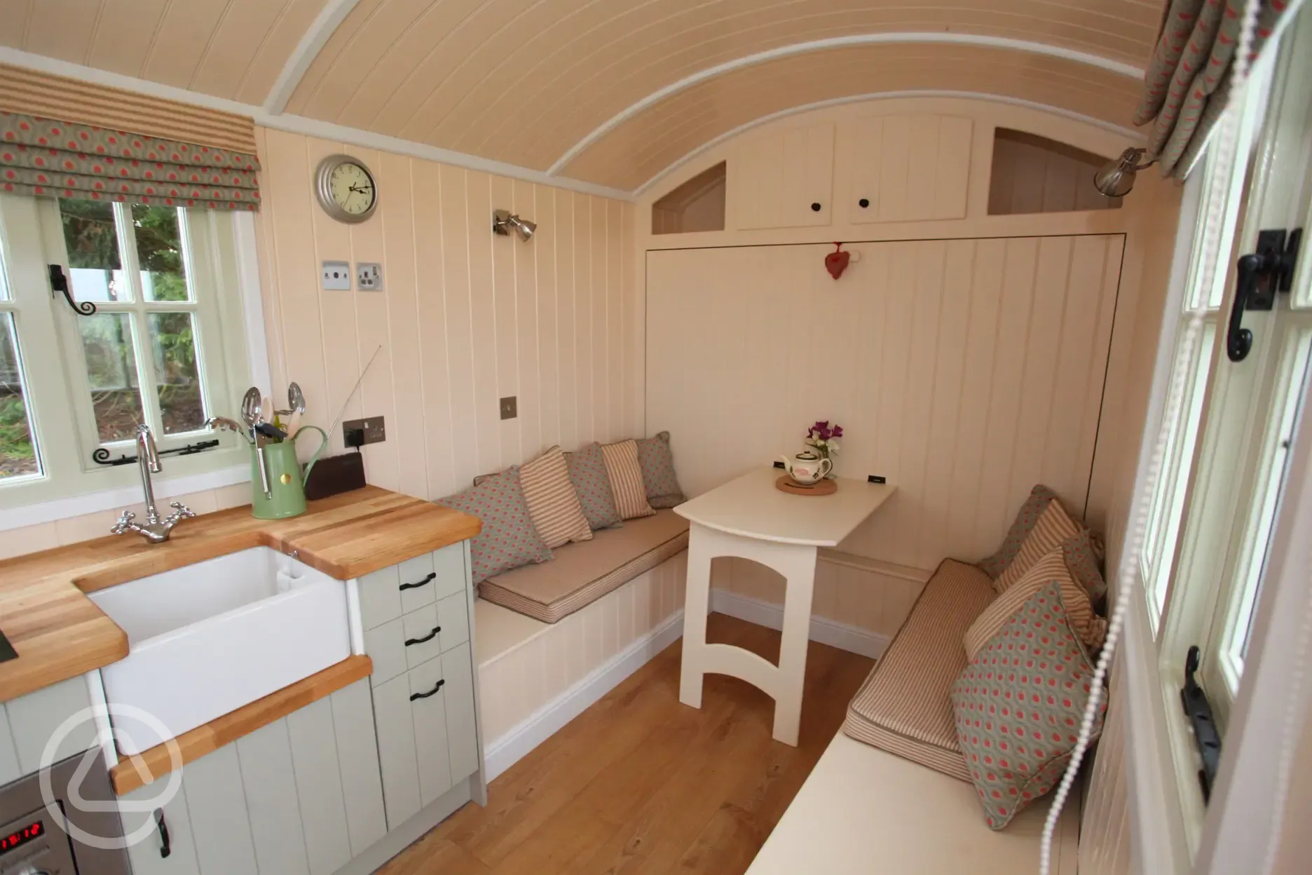 Inside the hut, kitchen and seating area