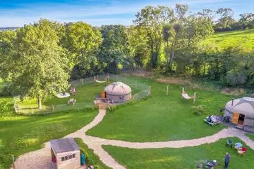 Aerial view of yurts