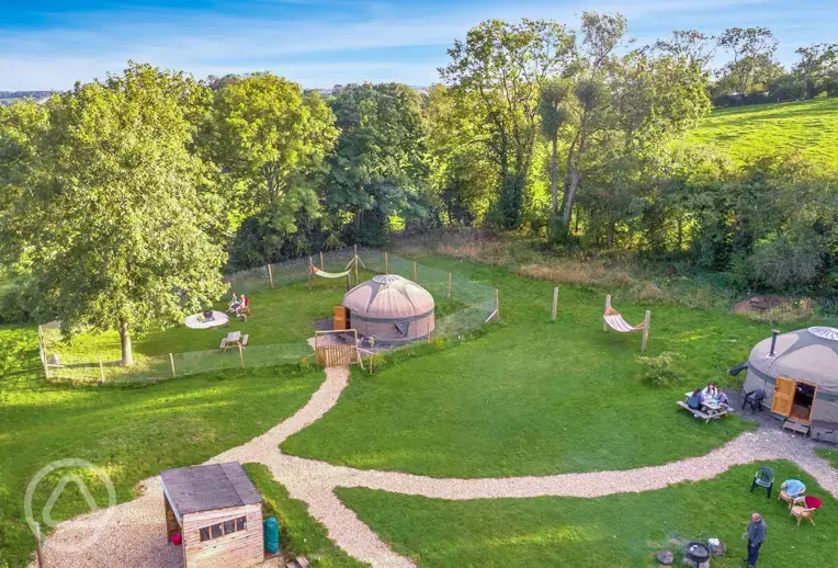 Aerial view of yurts