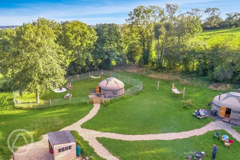 Aerial view of yurts