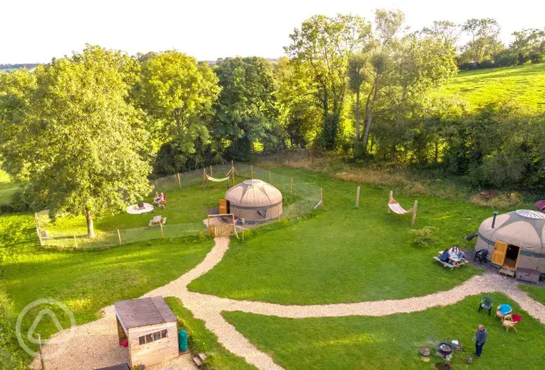 Aerial view of yurts