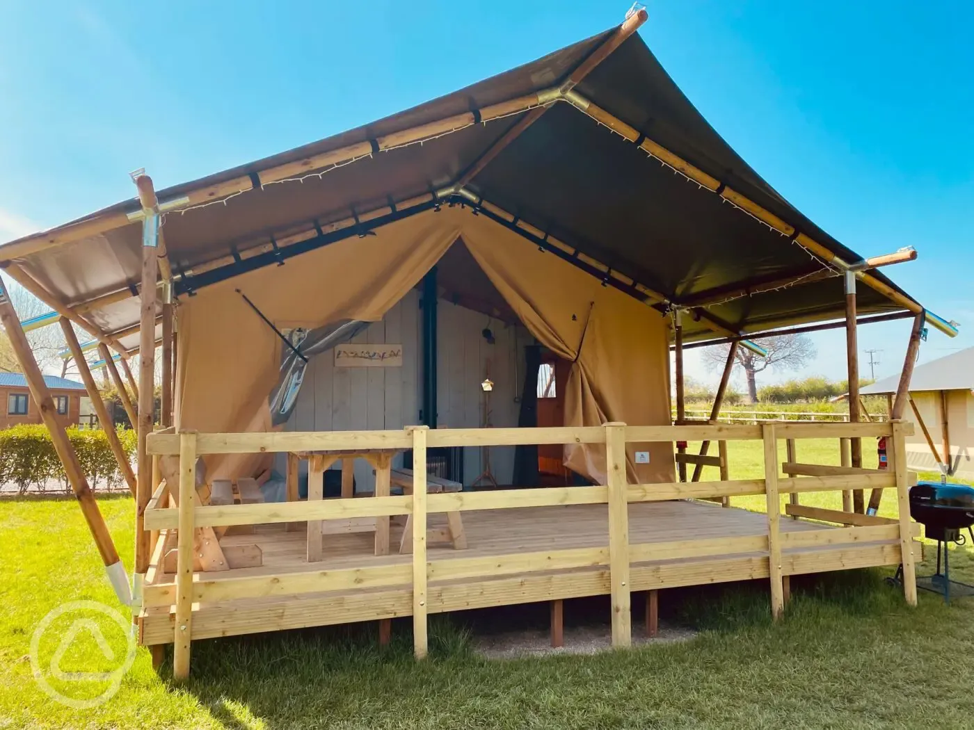 Two safari tents, Hare's Hideout and Swallow Snug
