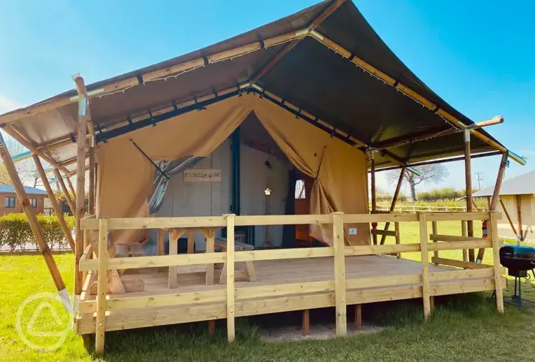 Two safari tents, Hare's Hideout and Swallow Snug