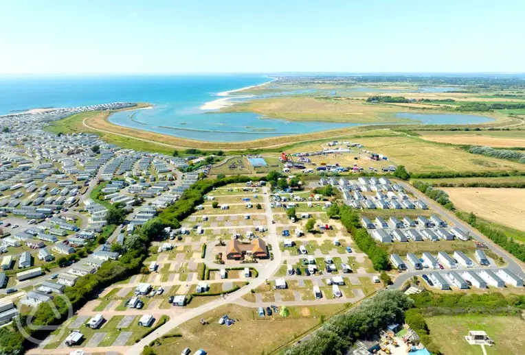 Aerial of Seal Bay Resort camping field and coast