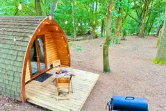 Glamping pod at West Stow Pods with woodland lighting