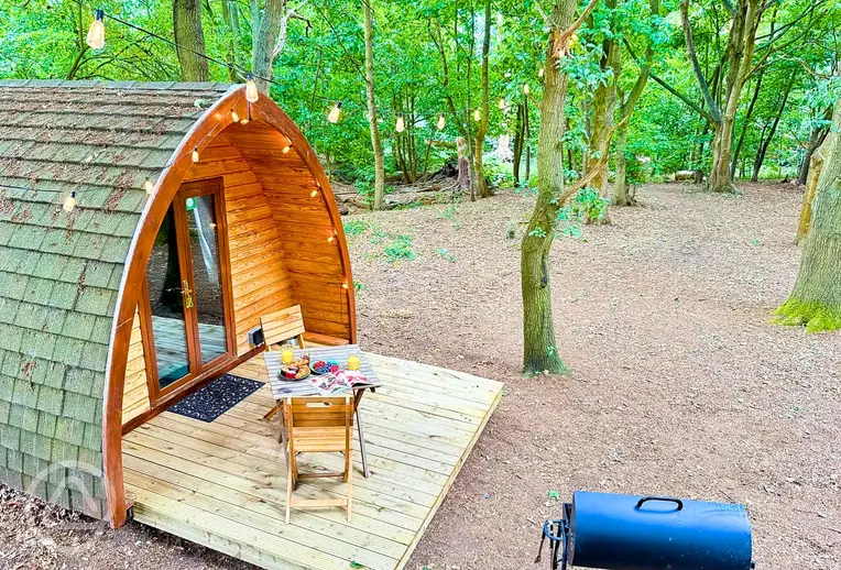 Glamping pod at West Stow Pods with woodland lighting