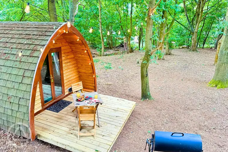Glamping pod at West Stow Pods with woodland lighting