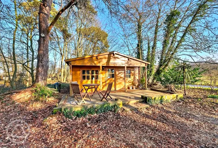 Woodland lodge with an outdoor deck and seating