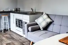 Shepherd's hut kitchen and living area