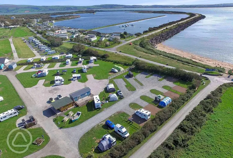 Aerial view of Harbour Lights overlooking Haverigg Beach sea