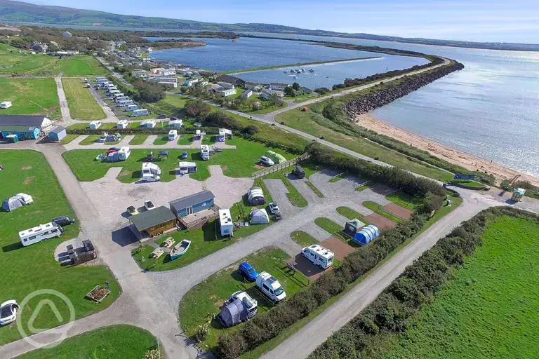 Aerial view of Harbour Lights overlooking Haverigg Beach sea
