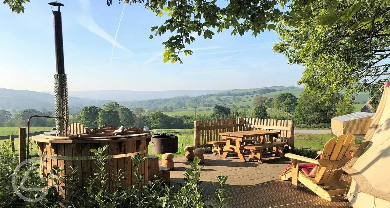 Luxury bell tent view and hot tub