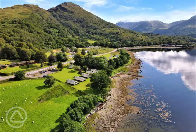 Aerial of the campsite and Loch Creran