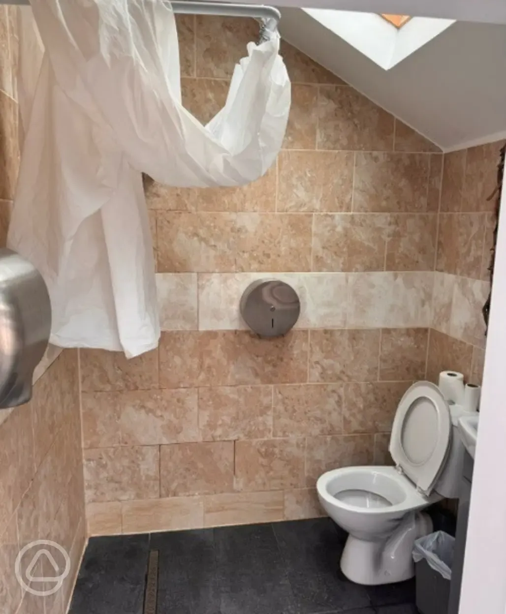 Toilet and shower with a shower curtain