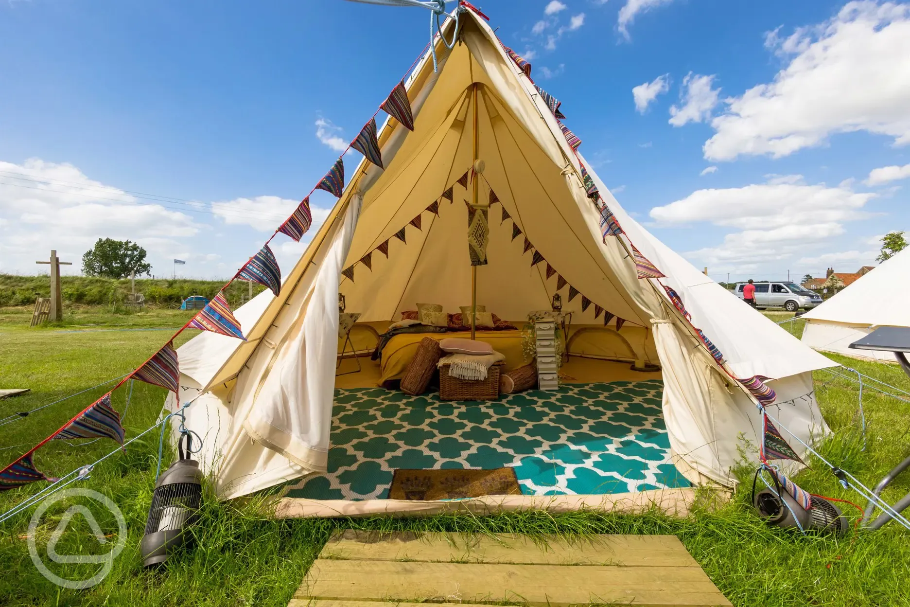 Bell tent furnished -pots, pans, bedding, campfire with wood