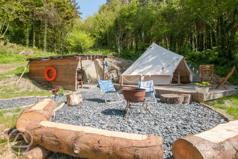 Bluebell bell tent with an outdoor kitchen and fire pit