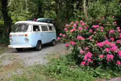 VW campervan on a small campervan pitch with a gravel surface