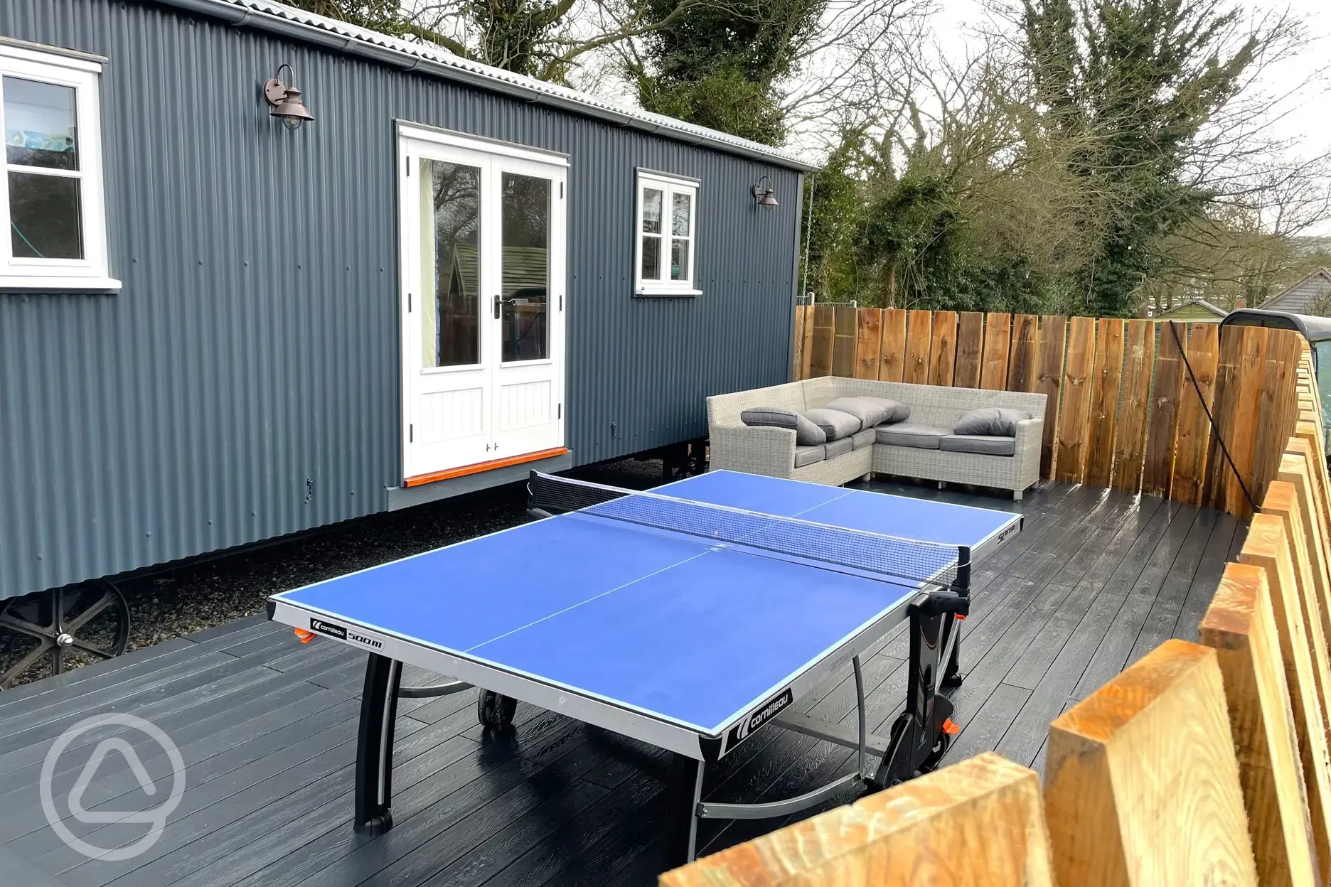 Shepherd's hut and table tennis table