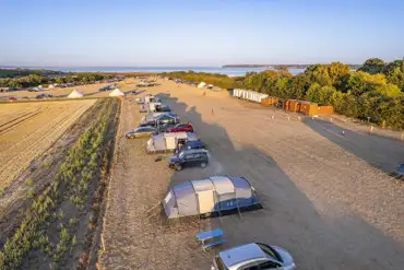 Aerial view of the ready tent pitches at Lepe Beach Campsite