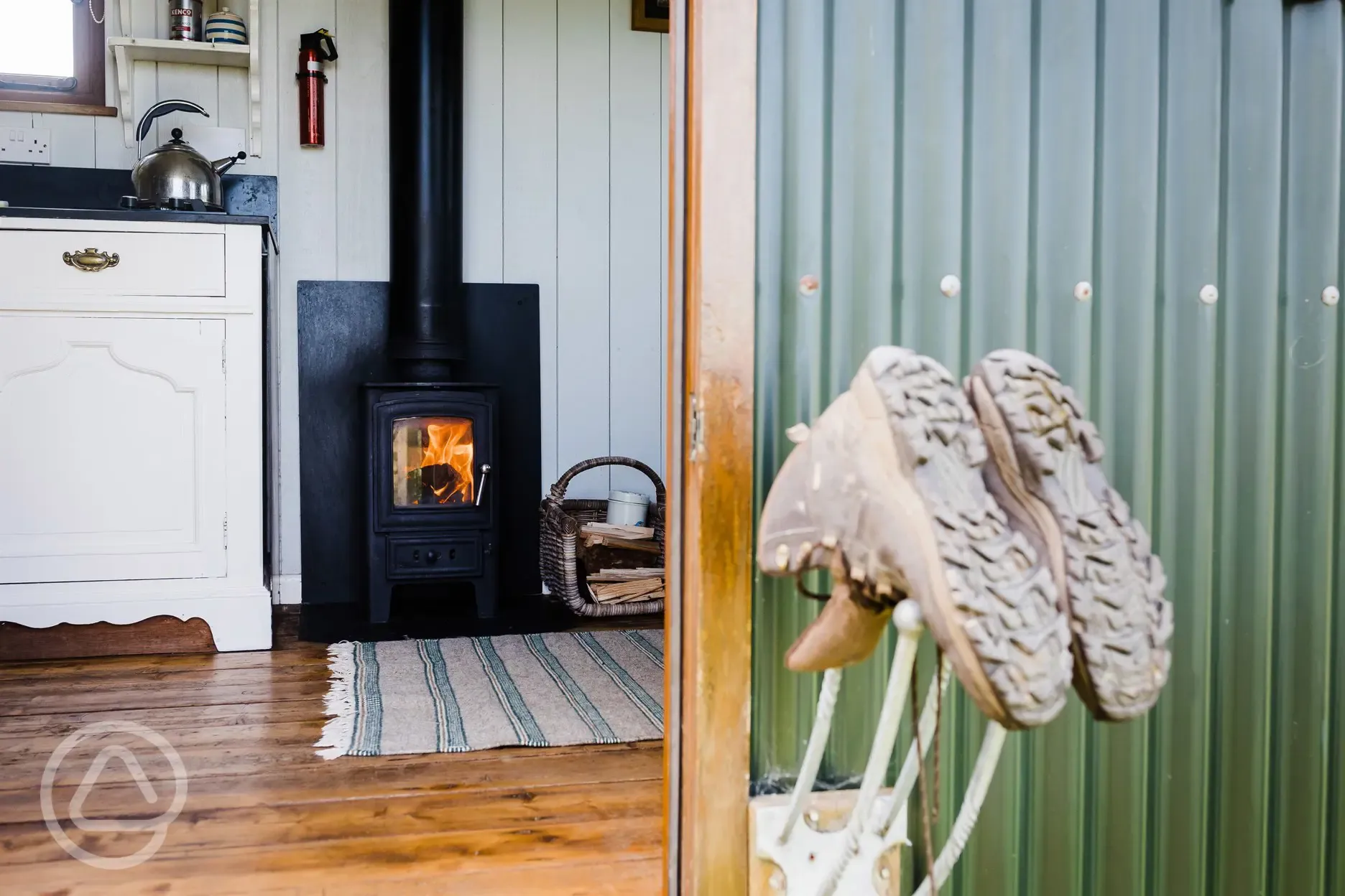 Area outside frankshore shepherd's hut for hanging boots