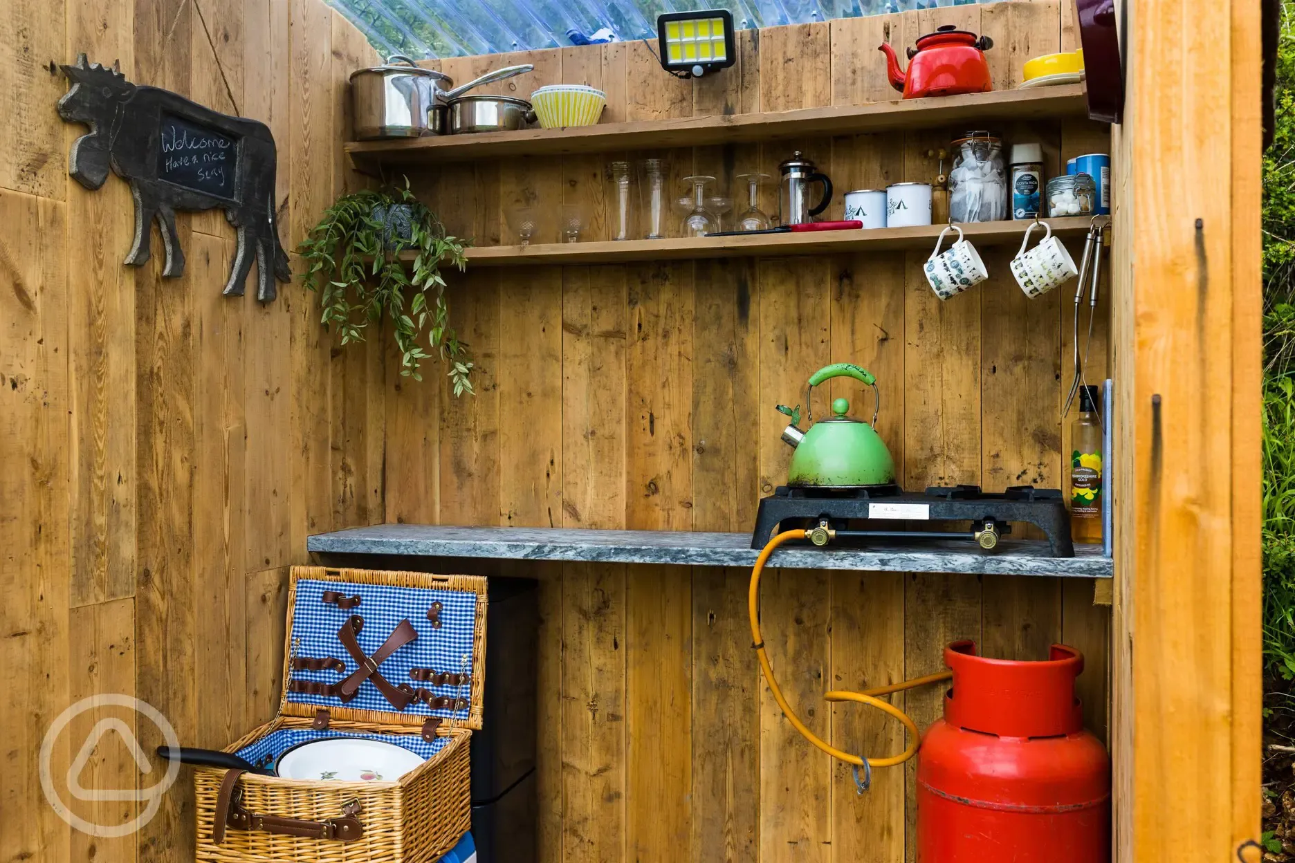 Sand top shepherd's hut kitchen area