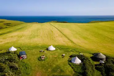 Aerial view of the glamping by the coast