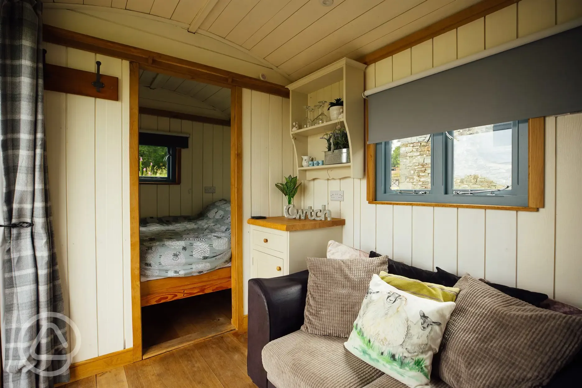 Shepherd's hut interior and bedroom