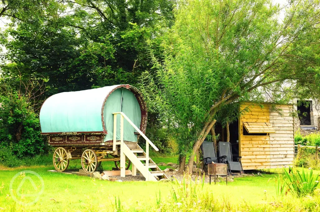 Furnished gypsy caravan at Glyncoch Isaf Farm