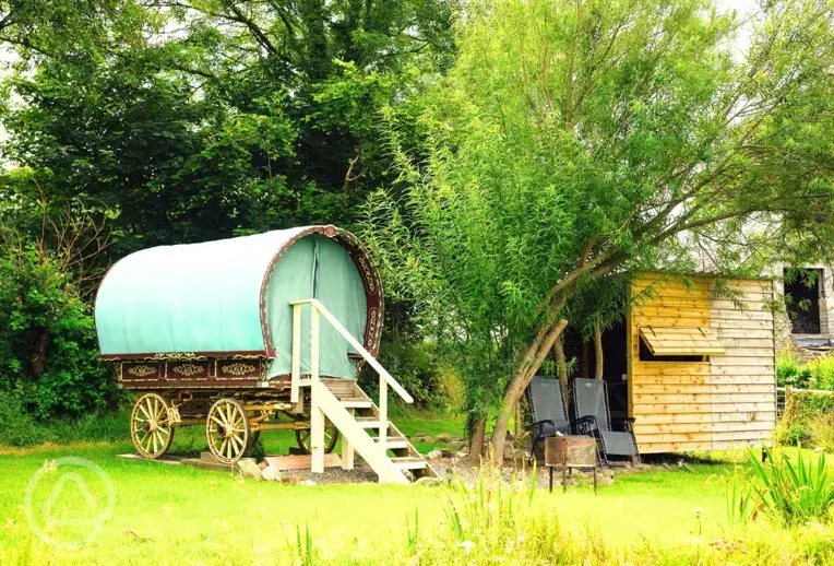 Furnished gypsy caravan at Glyncoch Isaf Farm