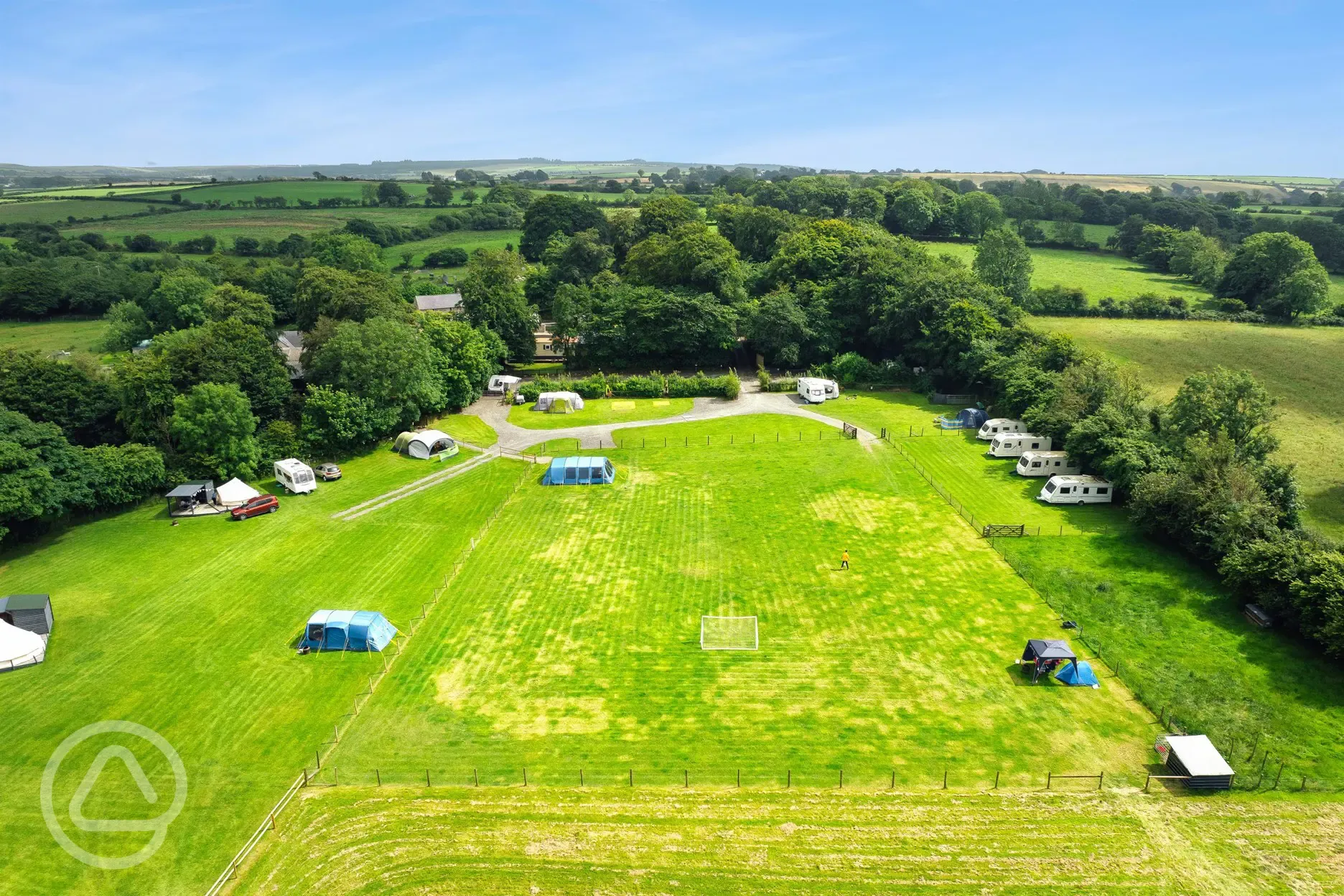 Aerial of the non electric grass pitches at Glyncoch Isaf Farm 