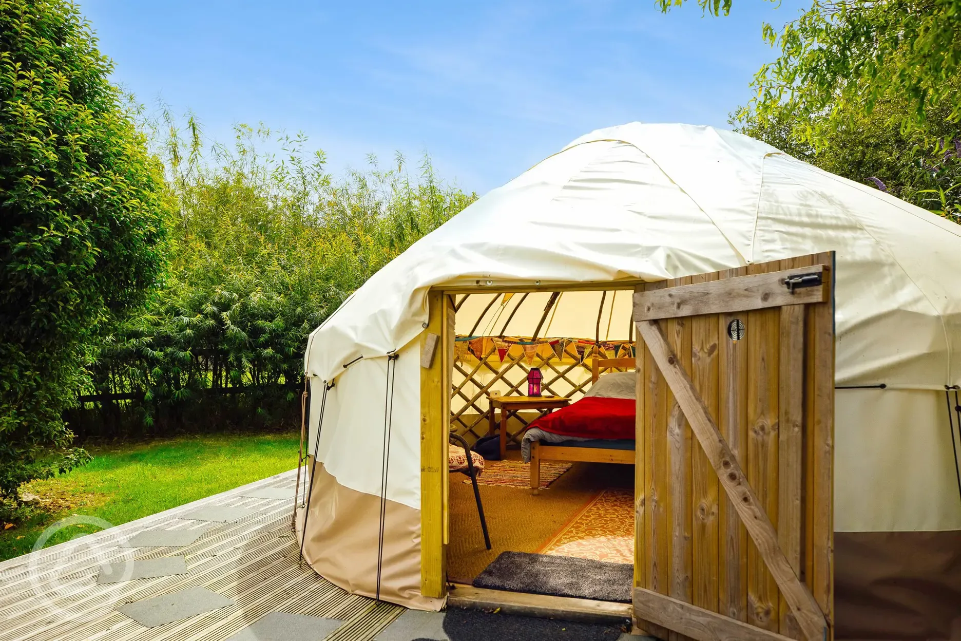 Furnished yurt and private decking at Glyncoch Isaf Farm