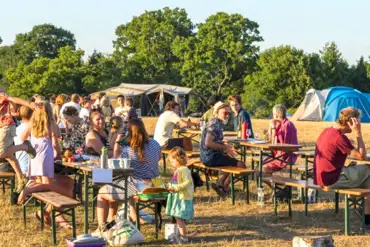 Communal dining area and non electric grass pitches