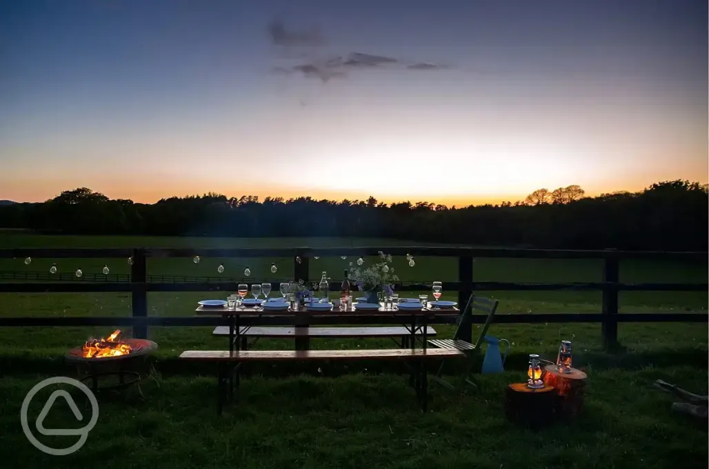 Communal dining area at night