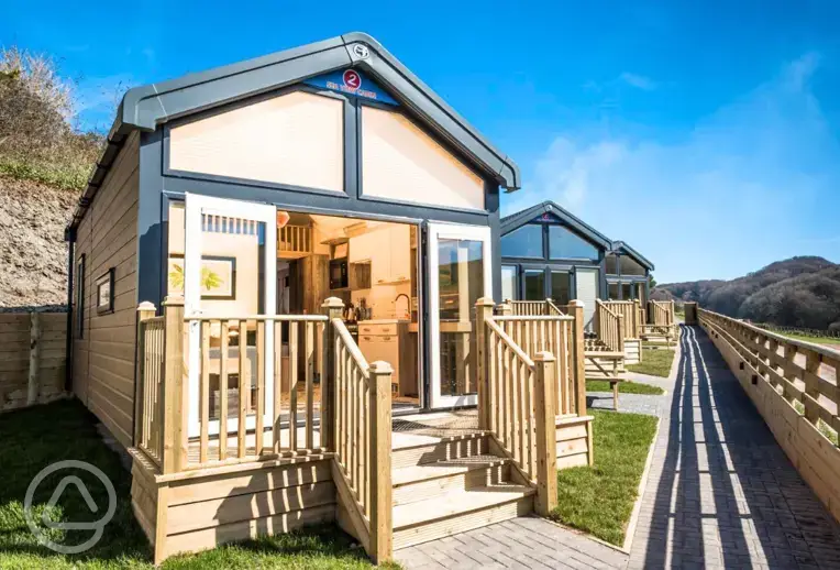 Sea view cabins at Woolacombe Sands Holiday Park