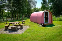 Alder camping pod with a picnic table and fire pit