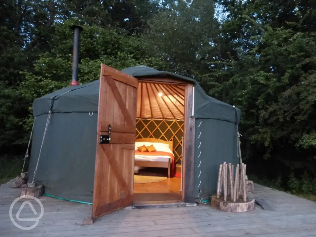 Yurt interior at night pastures