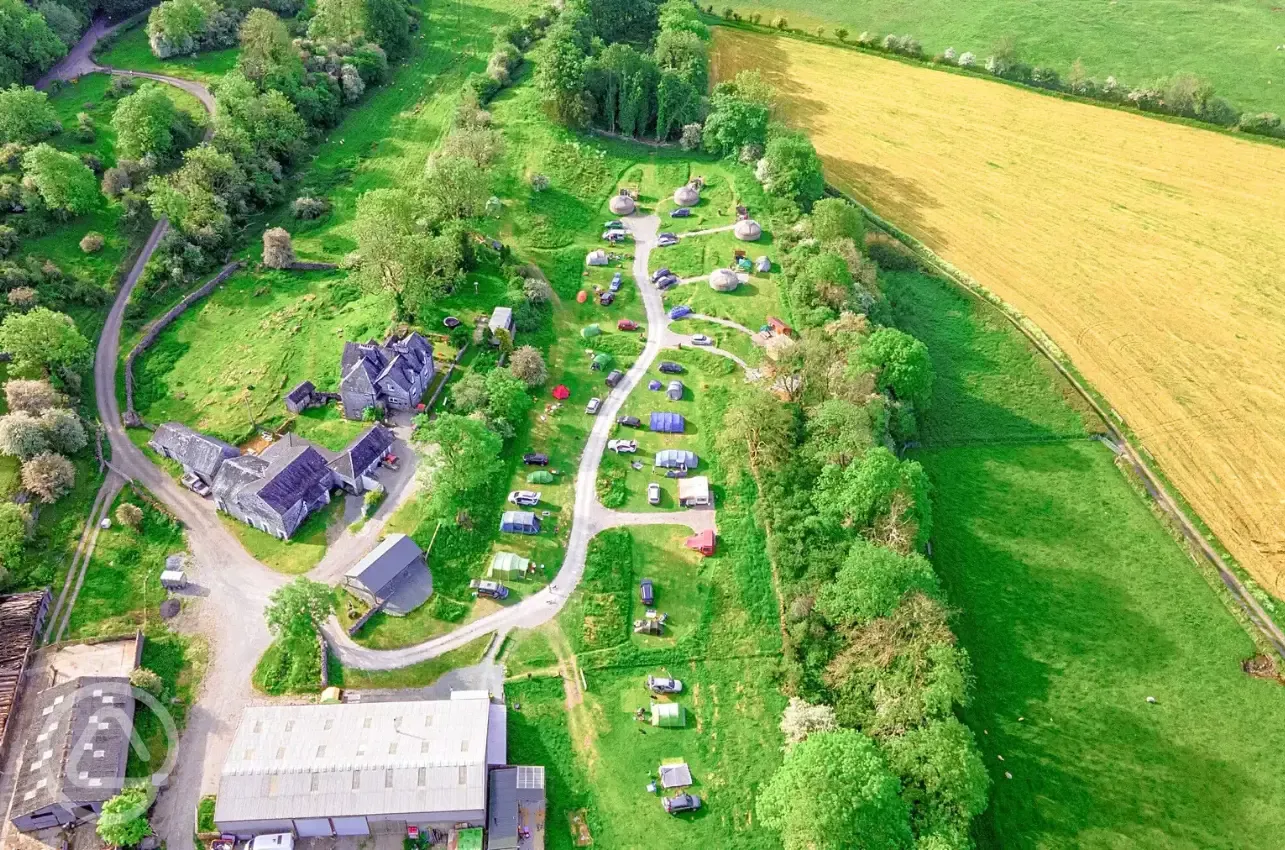 Aerial view of the pitches and facilities at Moss Howe Farm Campsite