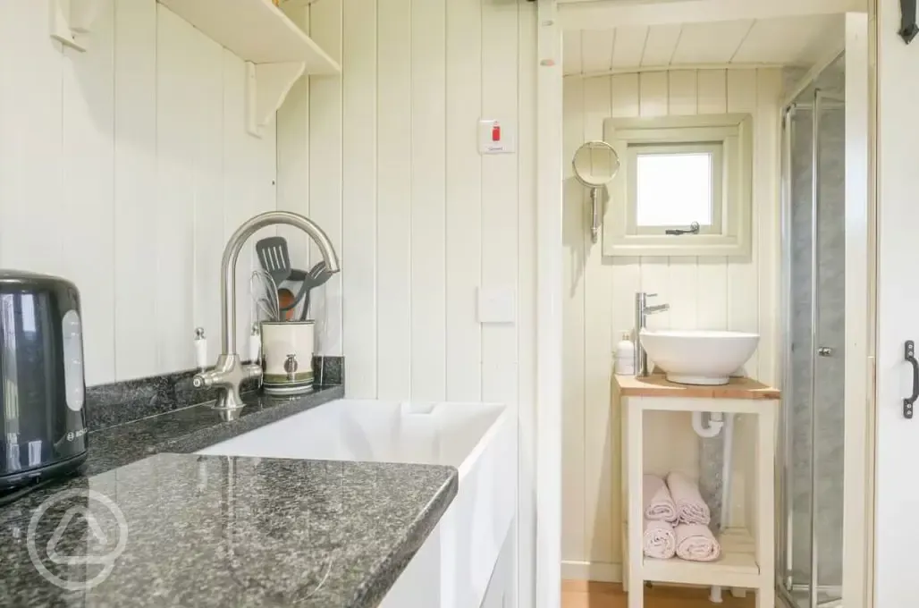 Shepherd's hut - kitchen and bathroom