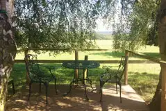 Shepherd's hut outdoor seating area