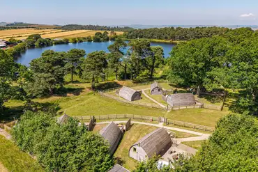 Aerial of Langley Dam Glamping with waterside views