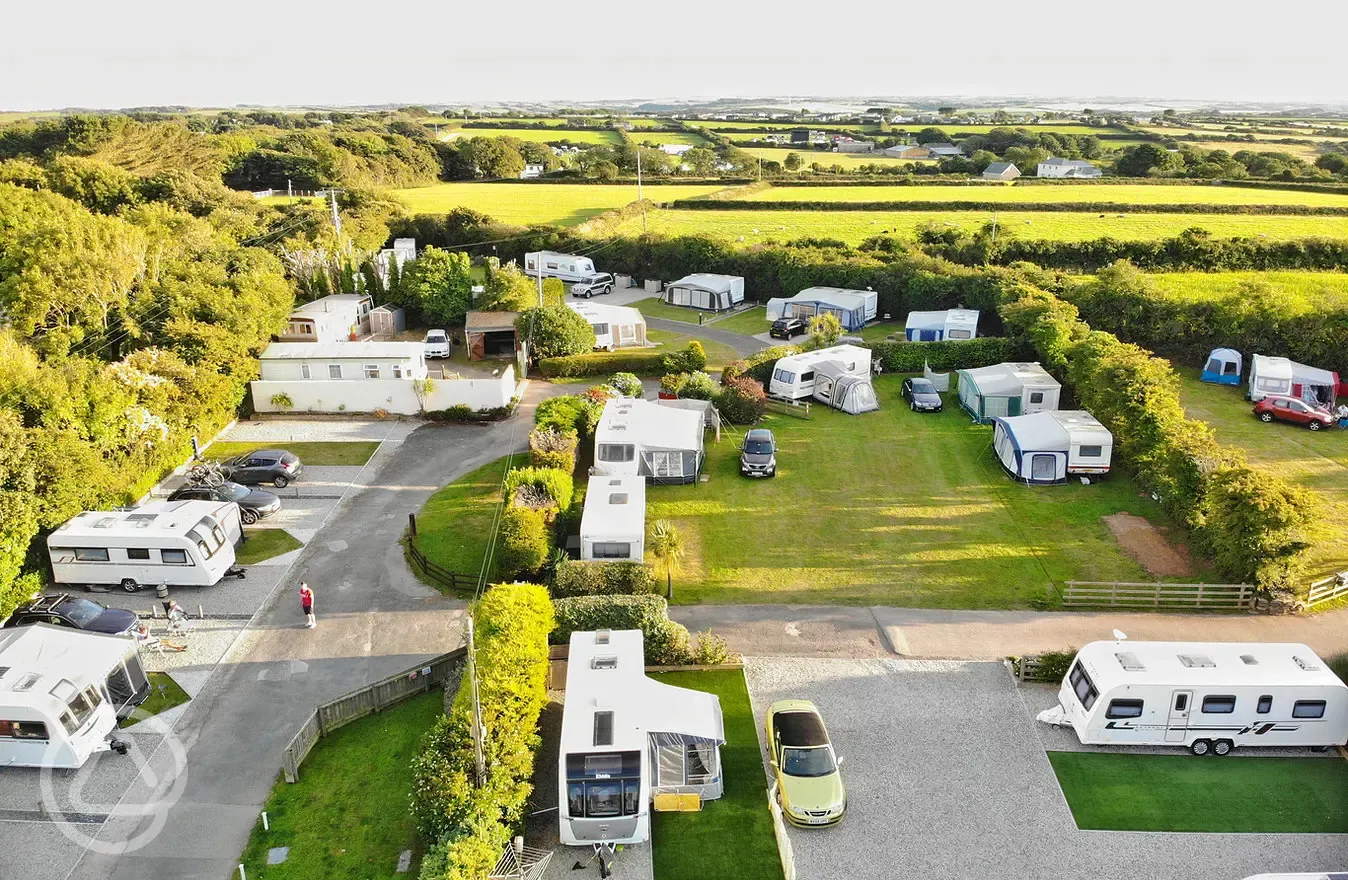 Arial view of camping and touring pitches