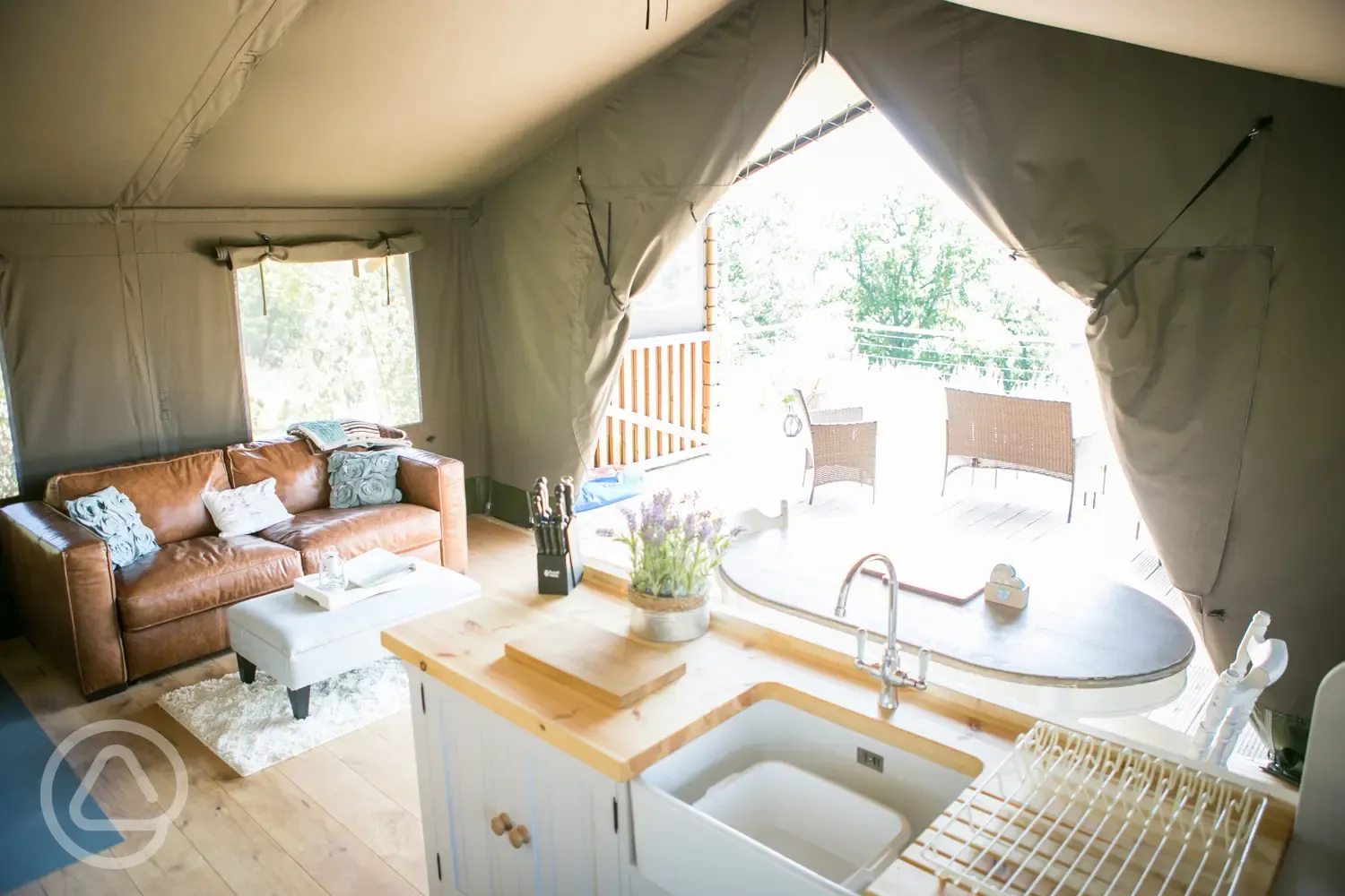 Inside kitchen area of Safari tent 